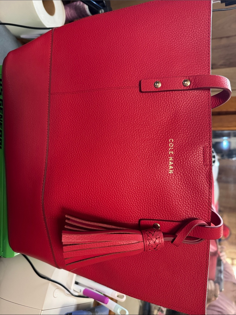 Cole Haan Bright Red Pebbled Leather Tote with Tassel